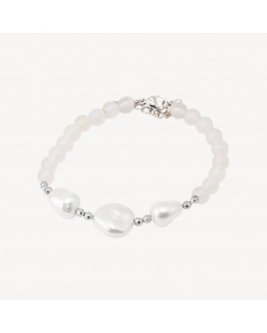 Bracciale con Pietre Dure e Tre Perle di Maiorca 18,5cm + 5cm con Ematite Argentata e Agata Bianca-PIEDRAS DURAS | Worldofjewel.com