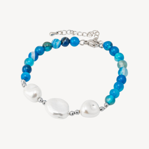 Armband mit Halbedelsteinen und drei mallorquinischen Perlen, 18,5 cm + 5 cm, mit silbernem Hämatit und blauem Achat