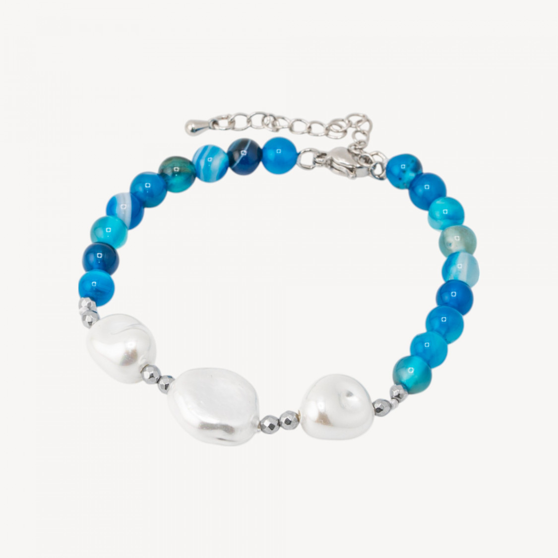 Bracciale con Pietre Dure e Tre Perle di Maiorca 18,5cm + 5cm con Ematite Argentata e Agata Blu-BRACCIALI DI PIETRE DURE | Worldofjewel.com