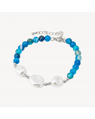 Bracciale con Pietre Dure e Tre Perle di Maiorca 18,5cm + 5cm con Ematite Argentata e Agata Blu-BRACCIALI DI PIETRE DURE | Worldofjewel.com
