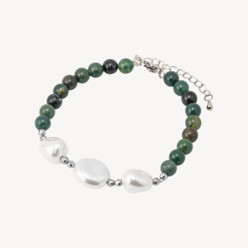 Pulsera con Piedras Semipreciosas y Tres Perlas de Mallorca 18,5cm + 5cm con Hematites Plateados y Ágata de Botsuana