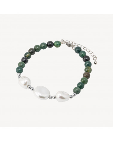 Bracciale con Pietre Dure e Tre Perle di Maiorca 18,5cm + 5cm con Ematite Argentata e Agata Botswana-BRACCIALI DI PIETRE DURE | Worldofjewel.com