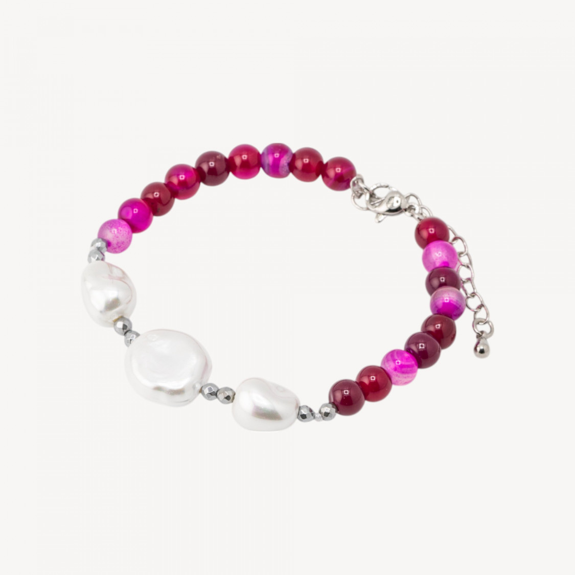 Bracciale con Pietre Dure e Tre Perle di Maiorca 18,5cm + 5cm con Ematite Argentata e Agata Fucsia-BRACCIALI DI PIETRE DURE | Worldofjewel.com