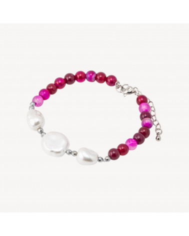 Bracciale con Pietre Dure e Tre Perle di Maiorca 18,5cm + 5cm con Ematite Argentata e Agata Fucsia-BRACCIALI DI PIETRE DURE | Worldofjewel.com