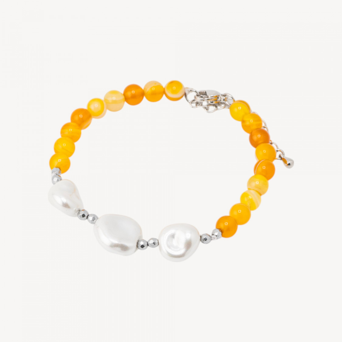 Bracciale con Pietre Dure e Tre Perle di Maiorca 18,5cm + 5cm con Ematite Argentata e Agata Gialla-BRACCIALI DI PIETRE DURE | Worldofjewel.com