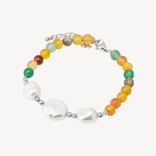 Bracelet with Semi-Precious Stones and Three Majorcan Pearls 18.5cm + 5cm with Silver Hematite and Multicolor Agate
