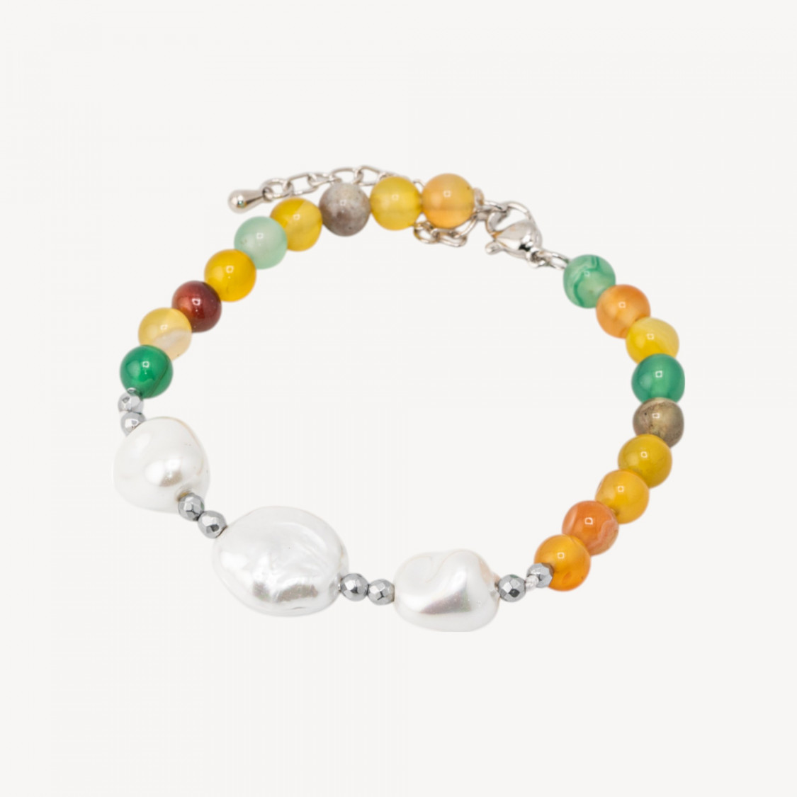 Bracciale con Pietre Dure e Tre Perle di Maiorca 18,5cm + 5cm con Ematite Argentata e Agata Multicolor-BRACCIALI DI PIETRE DURE | Worldofjewel.com