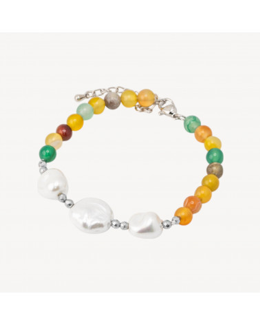 Bracciale con Pietre Dure e Tre Perle di Maiorca 18,5cm + 5cm con Ematite Argentata e Agata Multicolor-BRACCIALI DI PIETRE DURE | Worldofjewel.com