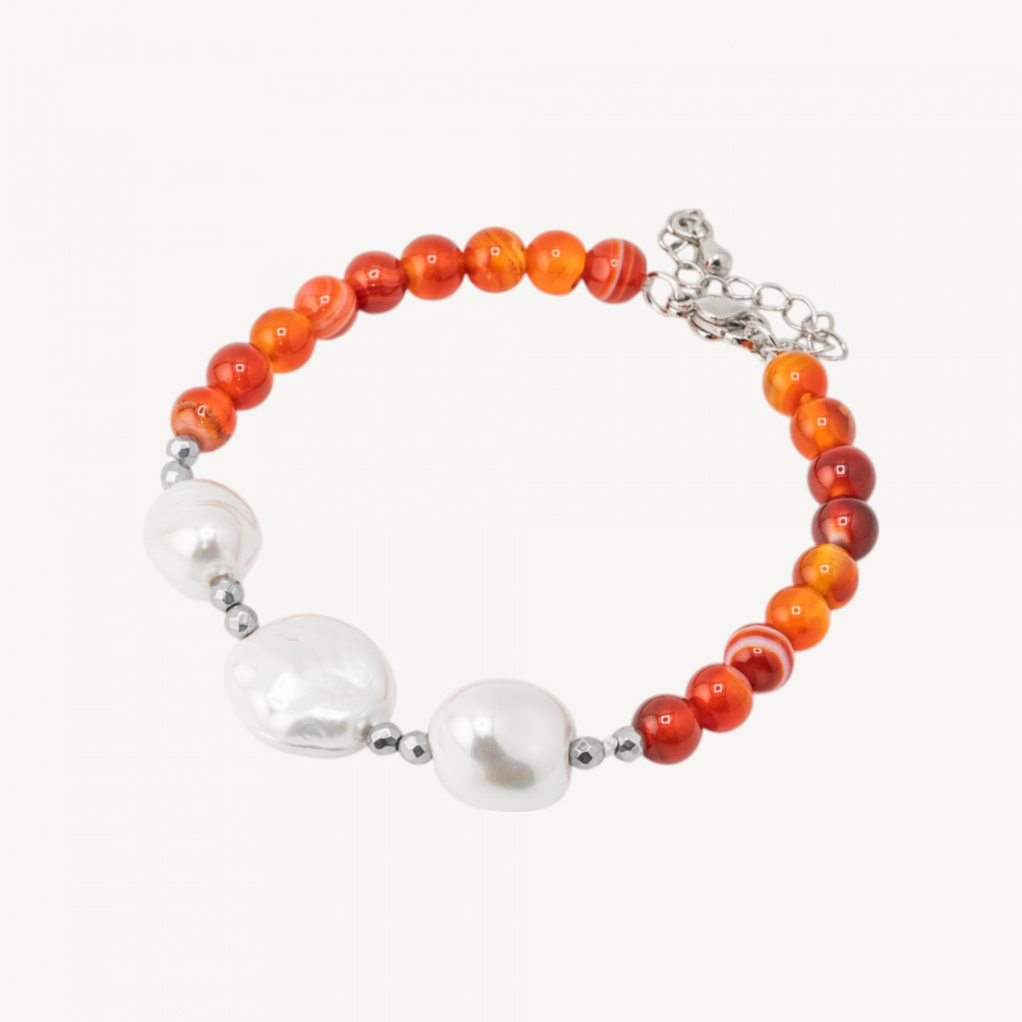 Bracciale con Pietre Dure e Tre Perle di Maiorca 18,5cm + 5cm con Ematite Argentata e Agata Rossa-BRACCIALI DI PIETRE DURE | Worldofjewel.com