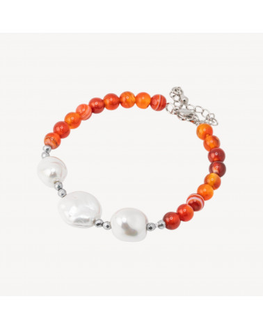 Bracciale con Pietre Dure e Tre Perle di Maiorca 18,5cm + 5cm con Ematite Argentata e Agata Rossa-BRACCIALI DI PIETRE DURE | Worldofjewel.com