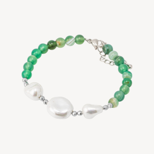 Pulsera con Piedras Semipreciosas y Tres Perlas Mallorquinas 18,5cm + 5cm con Hematites Plateados y Ágata Verde