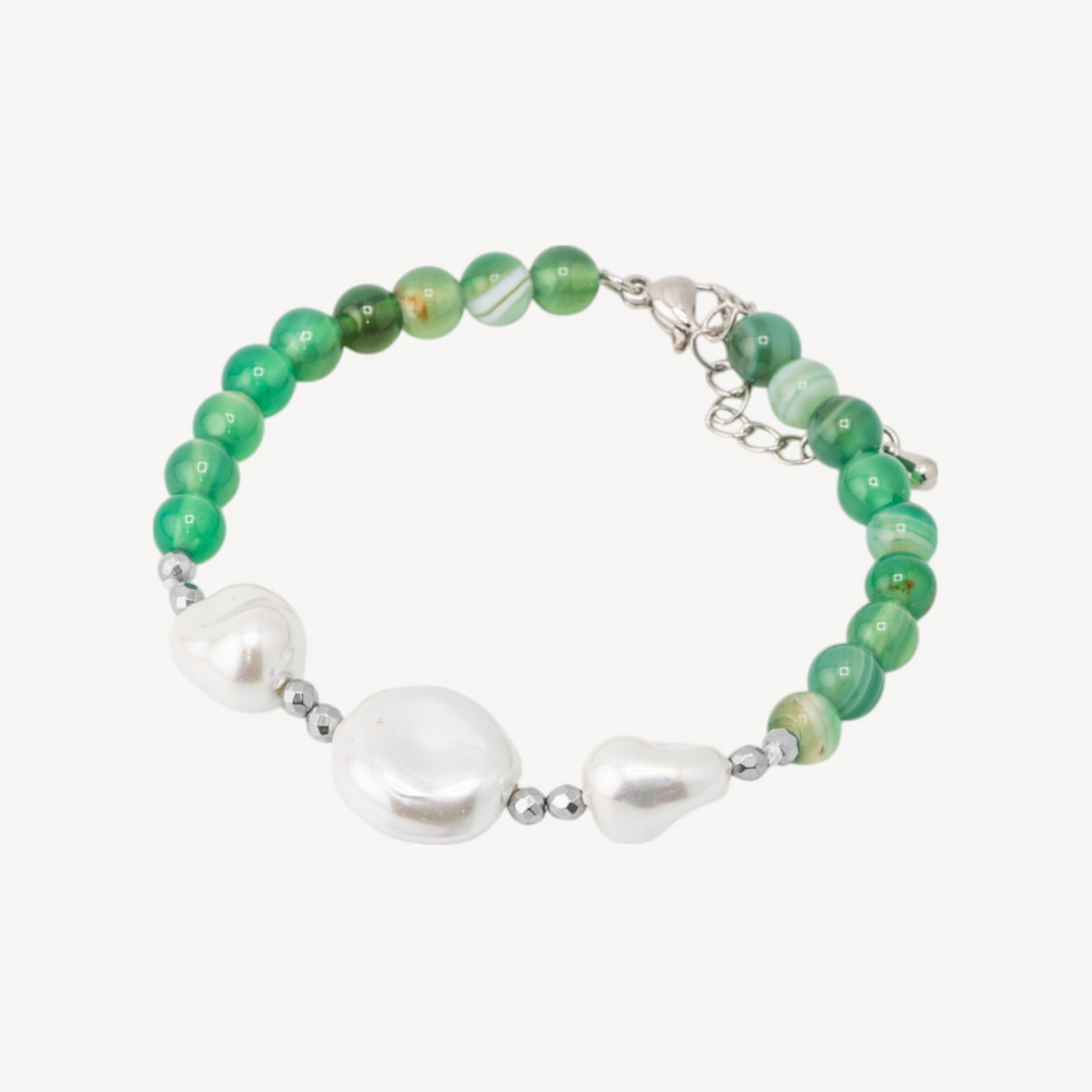 Bracciale con Pietre Dure e Tre Perle di Maiorca 18,5cm + 5cm con Ematite Argentata e Agata Verde-BRACCIALI DI PIETRE DURE | Worldofjewel.com
