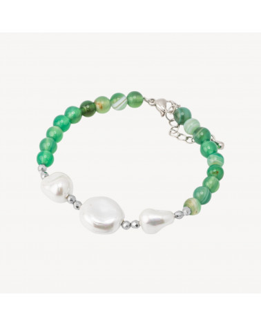 Bracciale con Pietre Dure e Tre Perle di Maiorca 18,5cm + 5cm con Ematite Argentata e Agata Verde-BRACCIALI DI PIETRE DURE | Worldofjewel.com