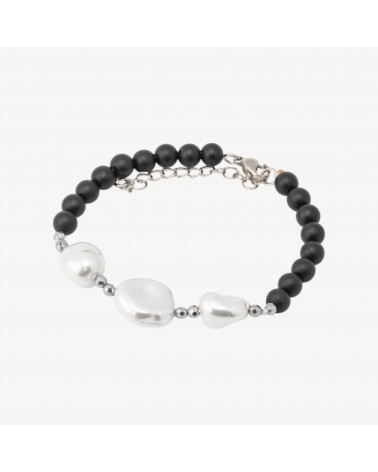 Bracciale con Pietre Dure e Tre Perle di Maiorca 18,5cm + 5cm con Ematite Argentata e Onice-BRACCIALI DI PIETRE DURE | Worldofjewel.com