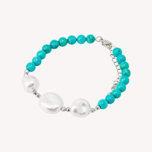 Pulsera con Piedras Semipreciosas y Tres Perlas Mallorquinas 18,5cm + 5cm con Hematites Plateados y Turquesa