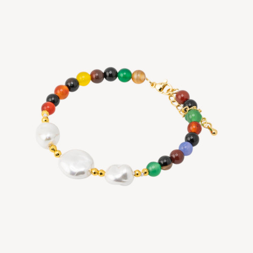 Armband mit Halbedelsteinen und drei mallorquinischen Perlen, 18,5 cm + 5 cm, mit goldenem Hämatit und Achat