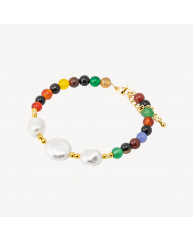 Bracciale con Pietre Dure e Tre Perle di Maiorca 18,5cm + 5cm con Ematite Dorata e Agata-PIERRES DURES | Worldofjewel.com