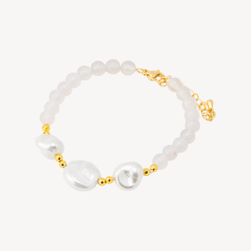 Pulsera con Piedras Semipreciosas y Tres Perlas Mallorquinas 18,5cm + 5cm con Hematites Dorada y Ágata Blanca