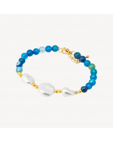 Bracciale con Pietre Dure e Tre Perle di Maiorca 18,5cm + 5cm con Ematite Dorata e Agata Blu-BRACCIALI DI PIETRE DURE | Worldofjewel.com