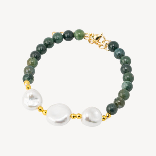 Armband mit Halbedelsteinen und drei mallorquinischen Perlen, 18,5 cm + 5 cm, mit goldenem Hämatit und Botswana-Achat