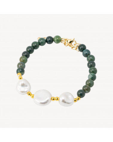 Bracciale con Pietre Dure e Tre Perle di Maiorca 18,5cm + 5cm con Ematite Dorata e Agata Botswana-BRACCIALI DI PIETRE DURE | Worldofjewel.com