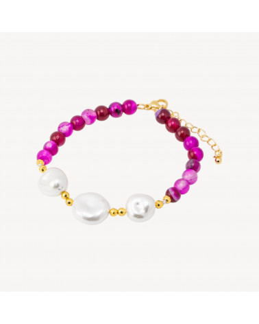 Bracciale con Pietre Dure e Tre Perle di Maiorca 18,5cm + 5cm con Ematite Dorata e Agata Fucsia-BRACCIALI DI PIETRE DURE | Worldofjewel.com