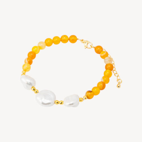 Armband mit Halbedelsteinen und drei mallorquinischen Perlen, 18,5 cm + 5 cm, mit goldenem Hämatit und gelbem Achat