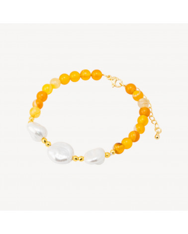 Bracciale con Pietre Dure e Tre Perle di Maiorca 18,5cm + 5cm con Ematite Dorata e Agata Gialla-BRACCIALI DI PIETRE DURE | Worldofjewel.com
