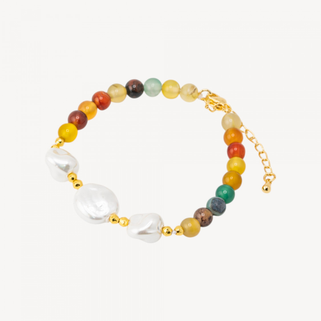 Bracciale con Pietre Dure e Tre Perle di Maiorca 18,5cm + 5cm con Ematite Dorata e Agata Multicolor-BRACCIALI DI PIETRE DURE | Worldofjewel.com