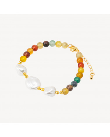 Bracciale con Pietre Dure e Tre Perle di Maiorca 18,5cm + 5cm con Ematite Dorata e Agata Multicolor-BRACCIALI DI PIETRE DURE | Worldofjewel.com