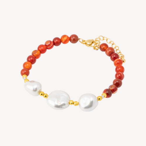Pulsera con Piedras Semipreciosas y Tres Perlas Mallorquinas 18,5cm + 5cm con Hematites Dorada y Ágata Roja