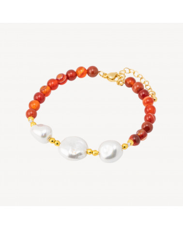 Bracciale con Pietre Dure e Tre Perle di Maiorca 18,5cm + 5cm con Ematite Dorata e Agata Rossa-BRACCIALI DI PIETRE DURE | Worldofjewel.com