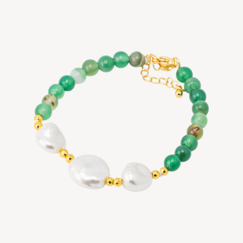 Armband mit Halbedelsteinen und drei mallorquinischen Perlen, 18,5 cm + 5 cm, mit goldenem Hämatit und grünem Achat