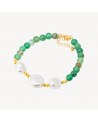 Bracciale con Pietre Dure e Tre Perle di Maiorca 18,5cm + 5cm con Ematite Dorata e Agata Verde-BRACCIALI DI PIETRE DURE | Worldofjewel.com
