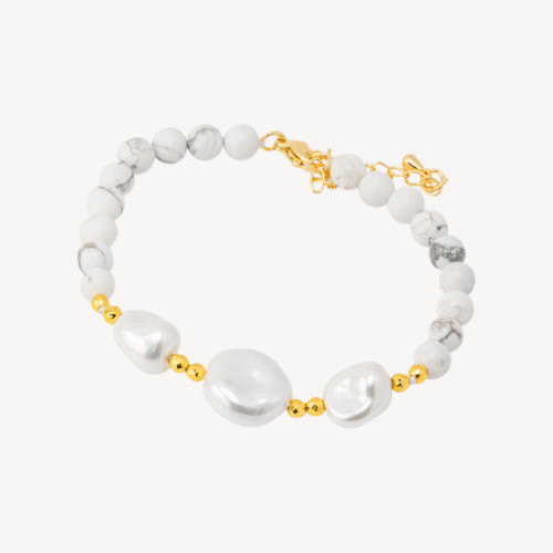 Armband mit Halbedelsteinen und drei mallorquinischen Perlen, 18,5 cm + 5 cm, mit goldenem Hämatit und Howlith