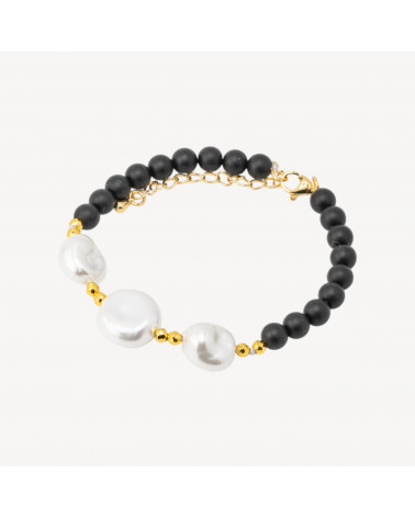 Bracciale con Pietre Dure e Tre Perle di Maiorca 18,5cm + 5cm con Ematite Dorata e Onice Nero-BRACCIALI DI PIETRE DURE | Worldofjewel.com