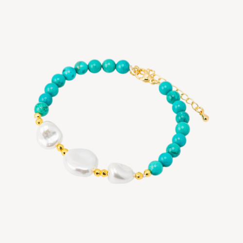 Pulsera con Piedras Semipreciosas y Tres Perlas Mallorquinas 18,5cm + 5cm con Hematites Dorados y Turquesa