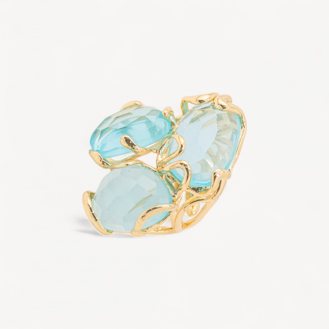 Anello Regolabile in Bronzo Dorato Collezione AURORA con Pietre Dure Cristallo Di Rocca Acqua Trasparente | Gioiello Artigian-ANELLI BIJOUX DONNA AURORA BEST SELLER | Worldofjewel.com