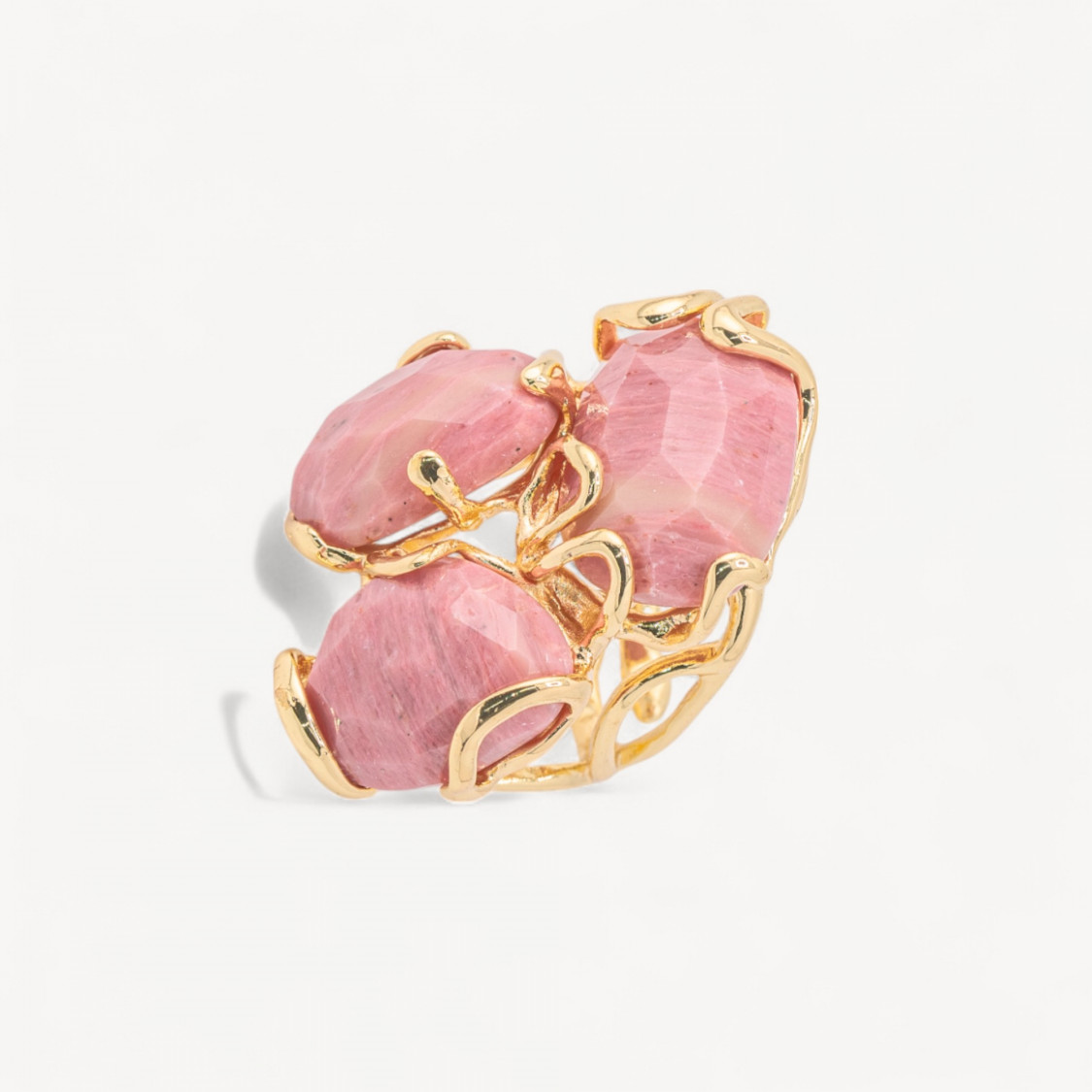 Anello Regolabile in Bronzo Dorato Collezione AURORA con Pietre Dure Rodonite Rosa | Gioiello Artigianale Donna 32x36mm-ANELLI BIJOUX DONNA AURORA BEST SELLER | Worldofjewel.com