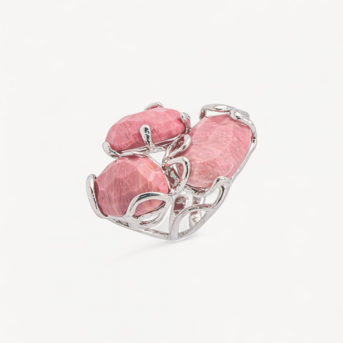 Anello Regolabile in Bronzo Rodiato Collezione AURORA con Pietre Dure Rodonite Rosa | Gioiello Artigianale Donna 32x36mm-ANELLI BIJOUX DONNA AURORA BEST SELLER | Worldofjewel.com