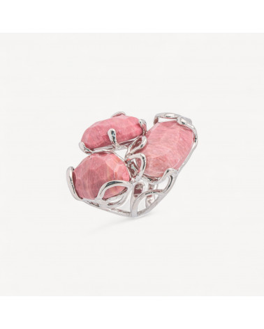 Anello Regolabile in Bronzo Rodiato Collezione AURORA con Pietre Dure Rodonite Rosa | Gioiello Artigianale Donna 32x36mm-ANELLI BIJOUX DONNA AURORA BEST SELLER | Worldofjewel.com