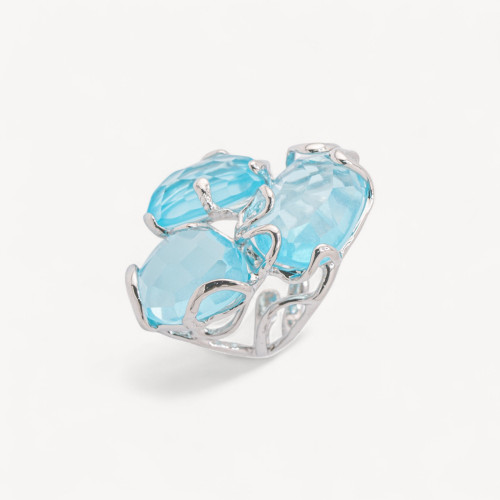 Anillo ajustable de bronce rodiado de la colección Aurora con cristales de roca de agua transparente | Joyería artesanal