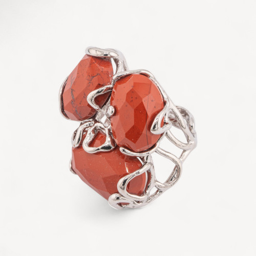 Anillo ajustable de bronce rodiado de la colección Aurora con piedras preciosas de jaspe rojo | Joyería artesanal para mujer de 