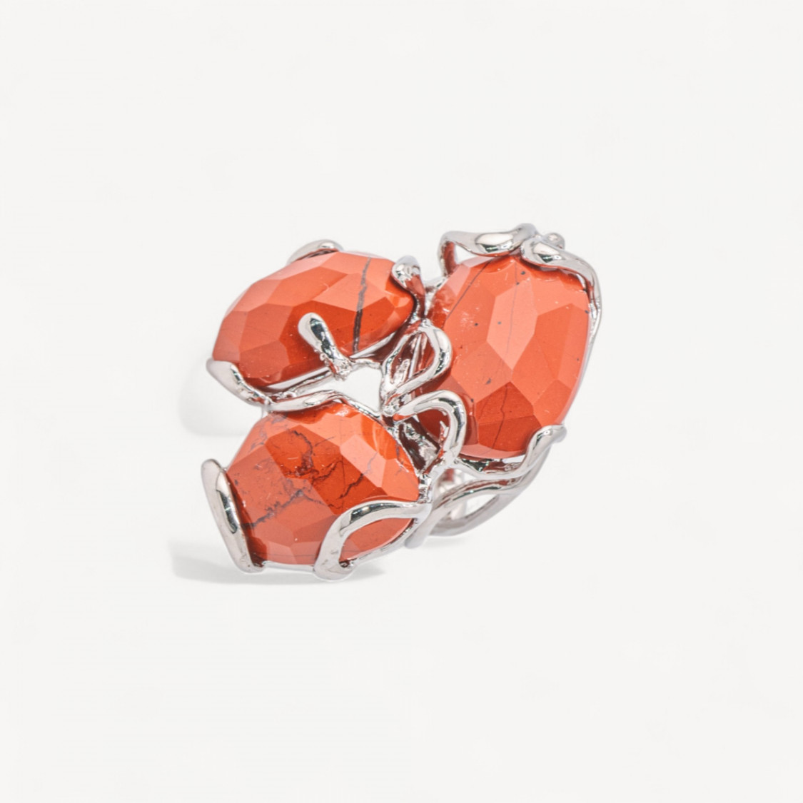 Anello Regolabile in Bronzo Rodiato Collezione AURORA con Pietre Dure Diaspro Rosso| Gioiello Artigianale Donna 32x36mm-ANELLI BIJOUX DONNA AURORA BEST SELLER | Worldofjewel.com
