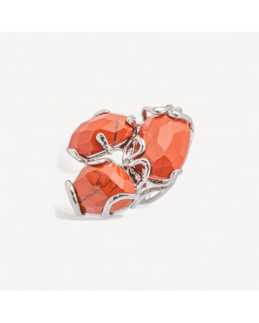 Anello Regolabile in Bronzo Rodiato Collezione AURORA con Pietre Dure Diaspro Rosso| Gioiello Artigianale Donna 32x36mm-ANELLI BIJOUX DONNA AURORA BEST SELLER | Worldofjewel.com