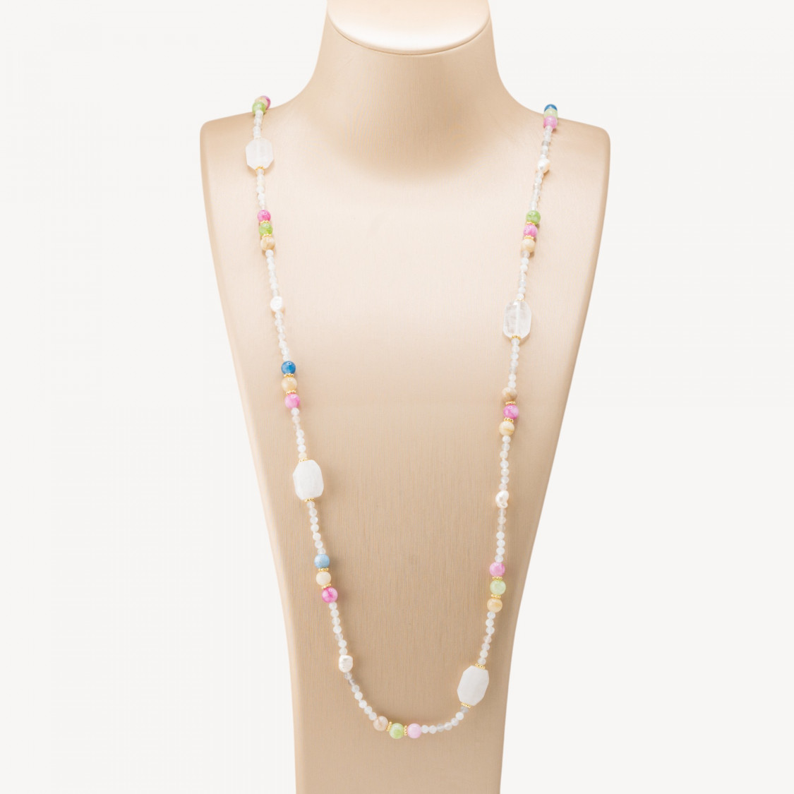 Collana Bijoux con Pietre Dure e Perle di Fiume 85cm MOD.2707 Cristallo di Rocca-COLLANE DESIGN CON PIETRE NATURALI E PERLE | Worldofjewel.com