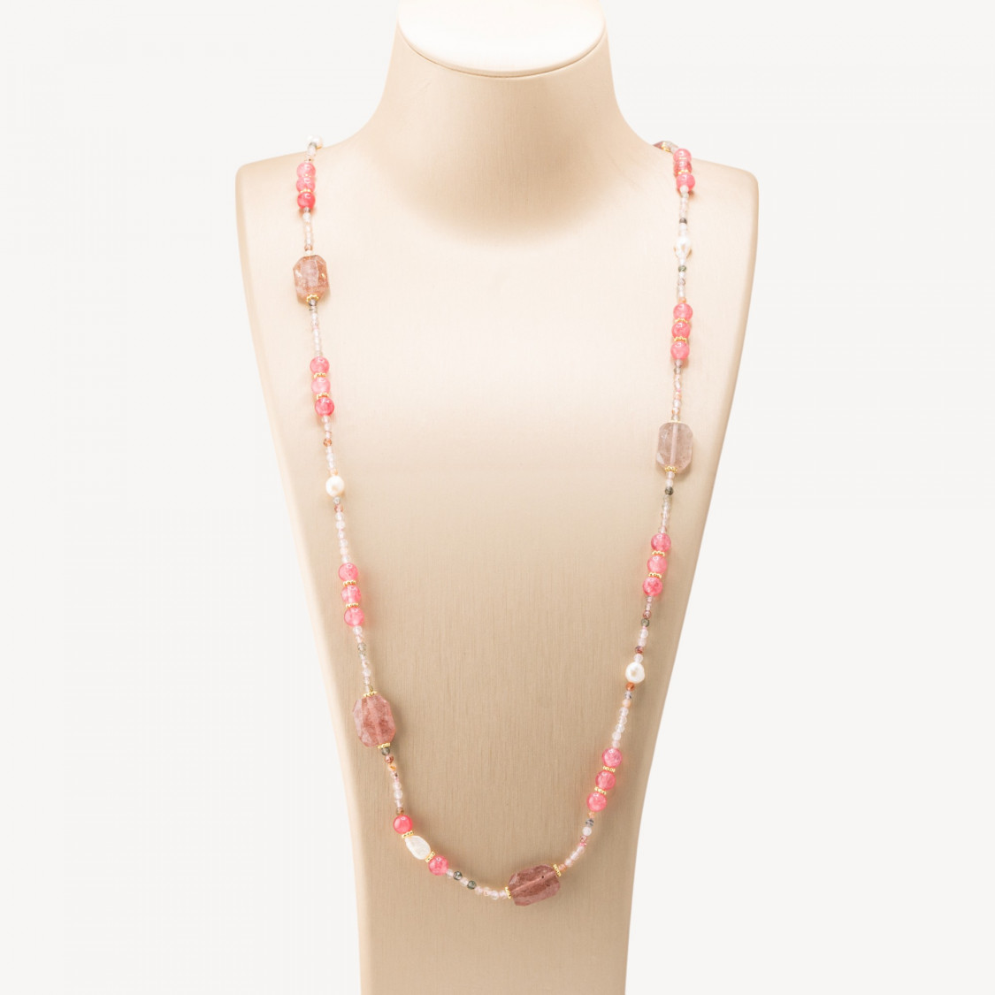 Collana Bijoux con Pietre Dure e Perle di Fiume 85cm MOD.2707 Quarzo Fragola-COLLANE DESIGN CON PIETRE NATURALI E PERLE | Worldofjewel.com