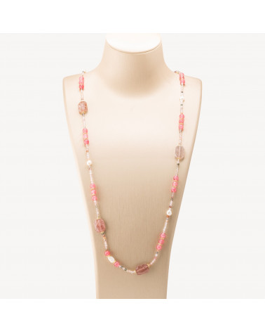 Collana Bijoux con Pietre Dure e Perle di Fiume 85cm MOD.2707 Quarzo Fragola-COLLANE DESIGN CON PIETRE NATURALI E PERLE | Worldofjewel.com