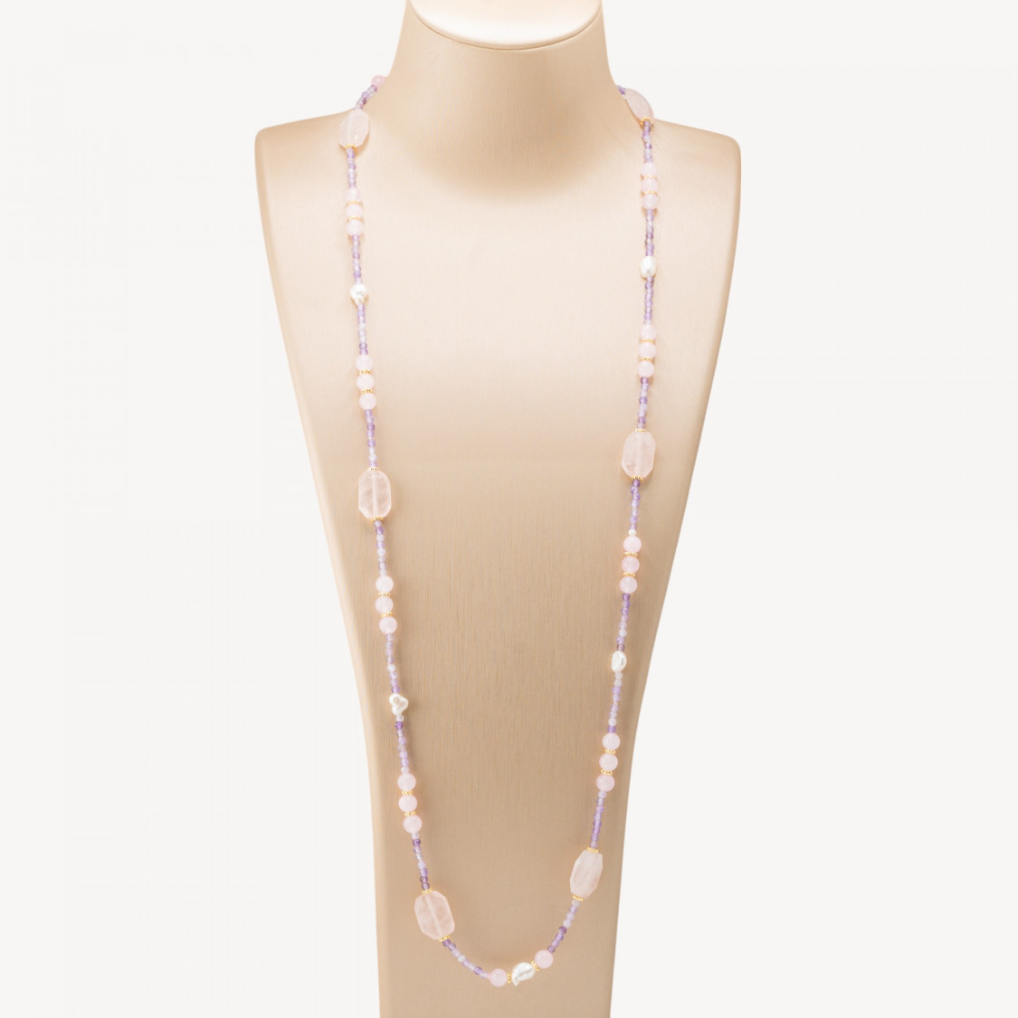 Collana Bijoux con Pietre Dure e Perle di Fiume 85cm MOD.2707 Quarzo Rosa e Ametista-COLLANE DESIGN CON PIETRE NATURALI E PERLE | Worldofjewel.com