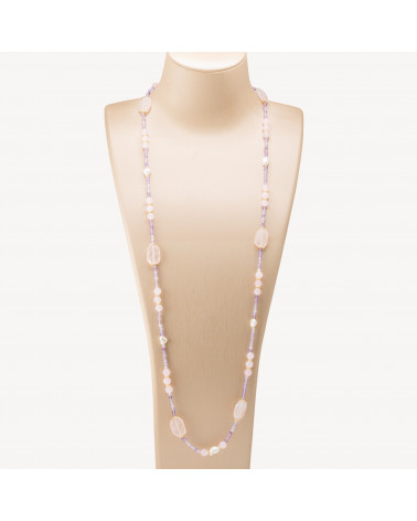 Collana Bijoux con Pietre Dure e Perle di Fiume 85cm MOD.2707 Quarzo Rosa e Ametista-COLLANE DESIGN CON PIETRE NATURALI E PERLE | Worldofjewel.com